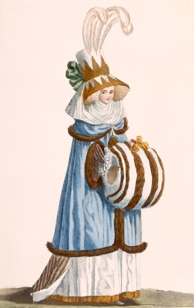 RobeàL&39;Anglaise、chapeauàla Theadore、 &39;Galeries des Modes et Costumes Francais&39;、c.1778-87 99のプレート：衣服。伝統的なドレス;伝統的な衣装;ファッション; illustratio 作： Jean Florent Defraine
